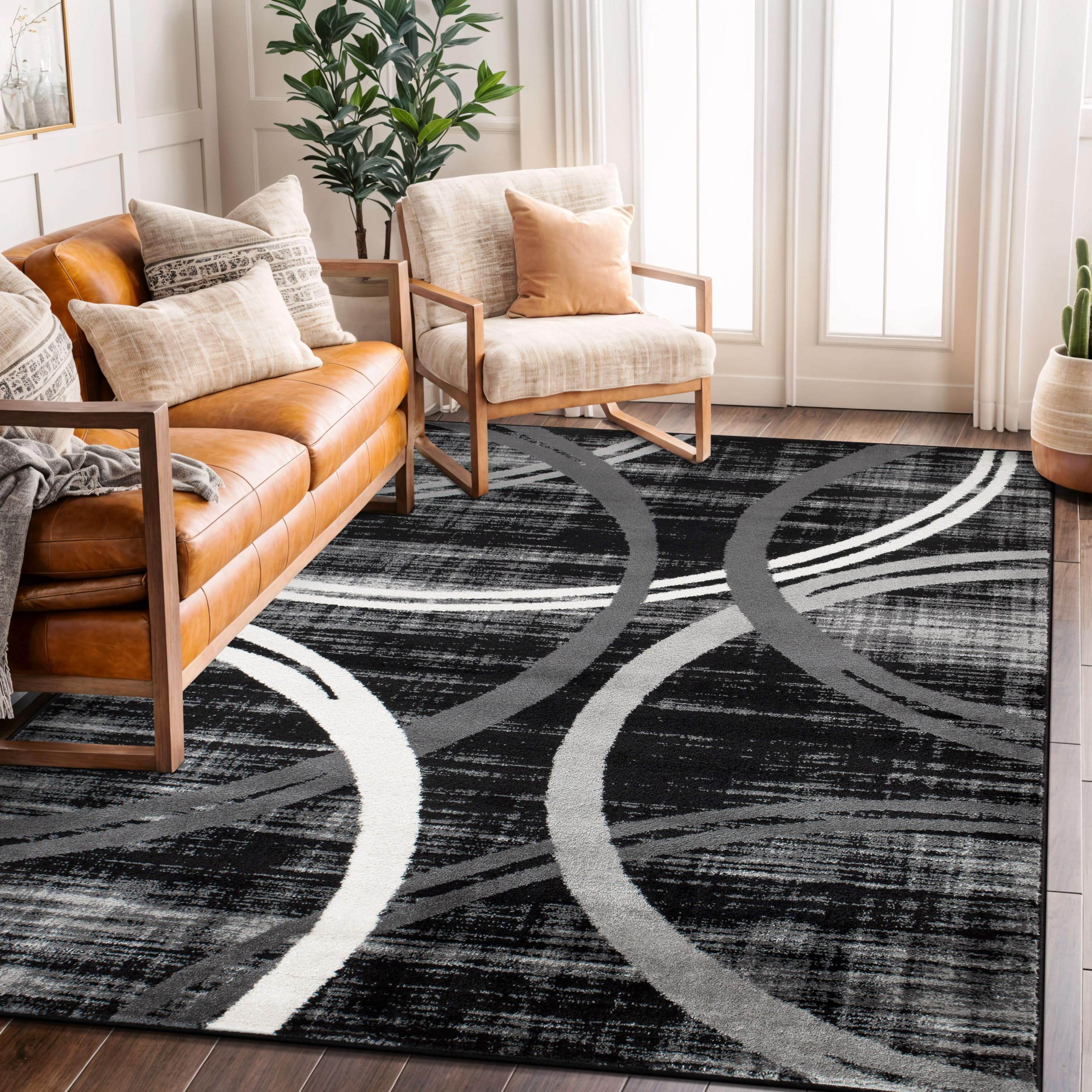 Rugshop Modern Wavy Circles Design Area Rug, Carpet with Jute Backing for Living Room, Bedroom, or Home Office, Black, 5'3" x 7'3" Image