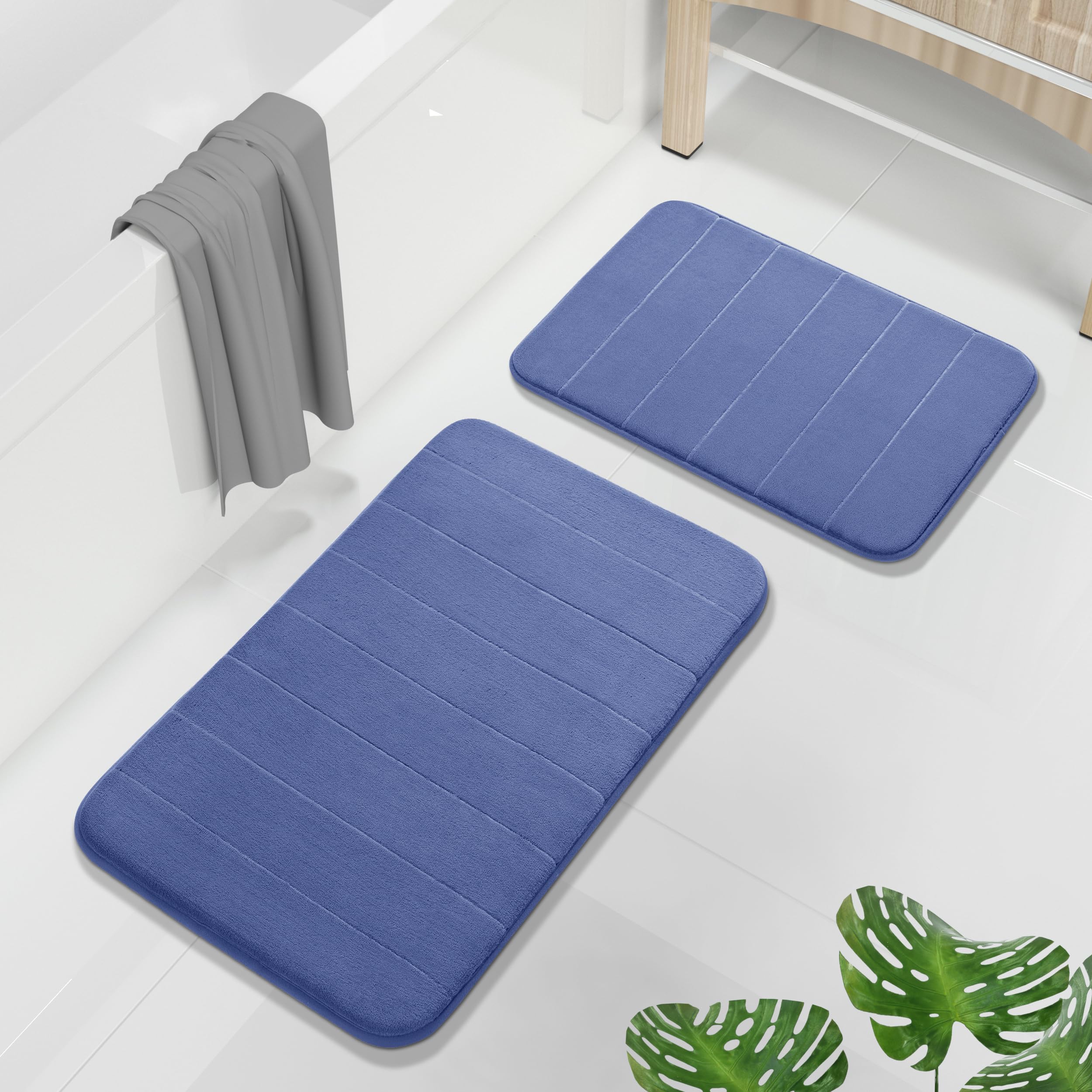 Photo 1 of Yimobra Memory Foam Bathroom Rugs Sets 2 Piece - Super Soft Absorbent Quick Dry Bath Mat Set, Machine Washable Non Slip Floor Carpet for Tub Shower & Single Sink (17x24 & 31.5x20 Inch, Navy Blue)
