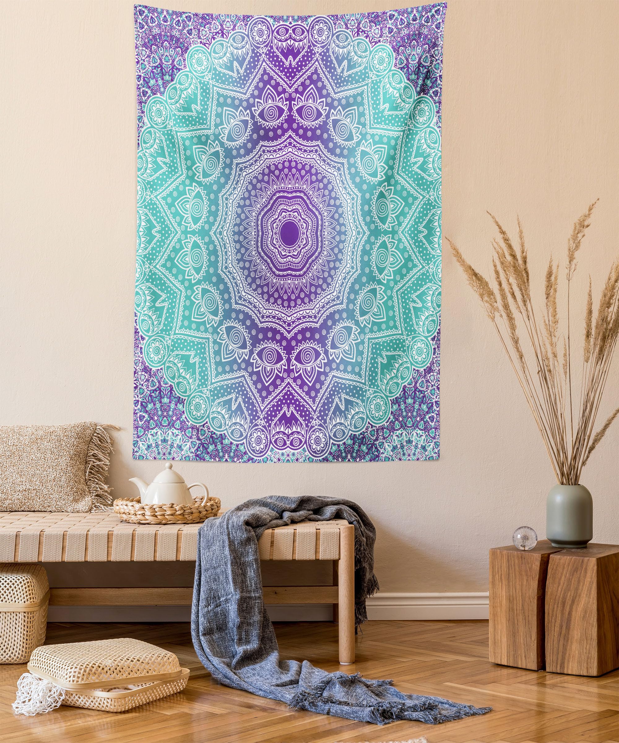 ABAKUHAUS Purple and Turquoise Tapestry, Hippie Ombre Mandala Inner Peace and Meditation with Ornamental Art, Fabric Wall Hanging Decor for Bedroom Living Room Dorm, 54 W X 90 L, Purple Aqua