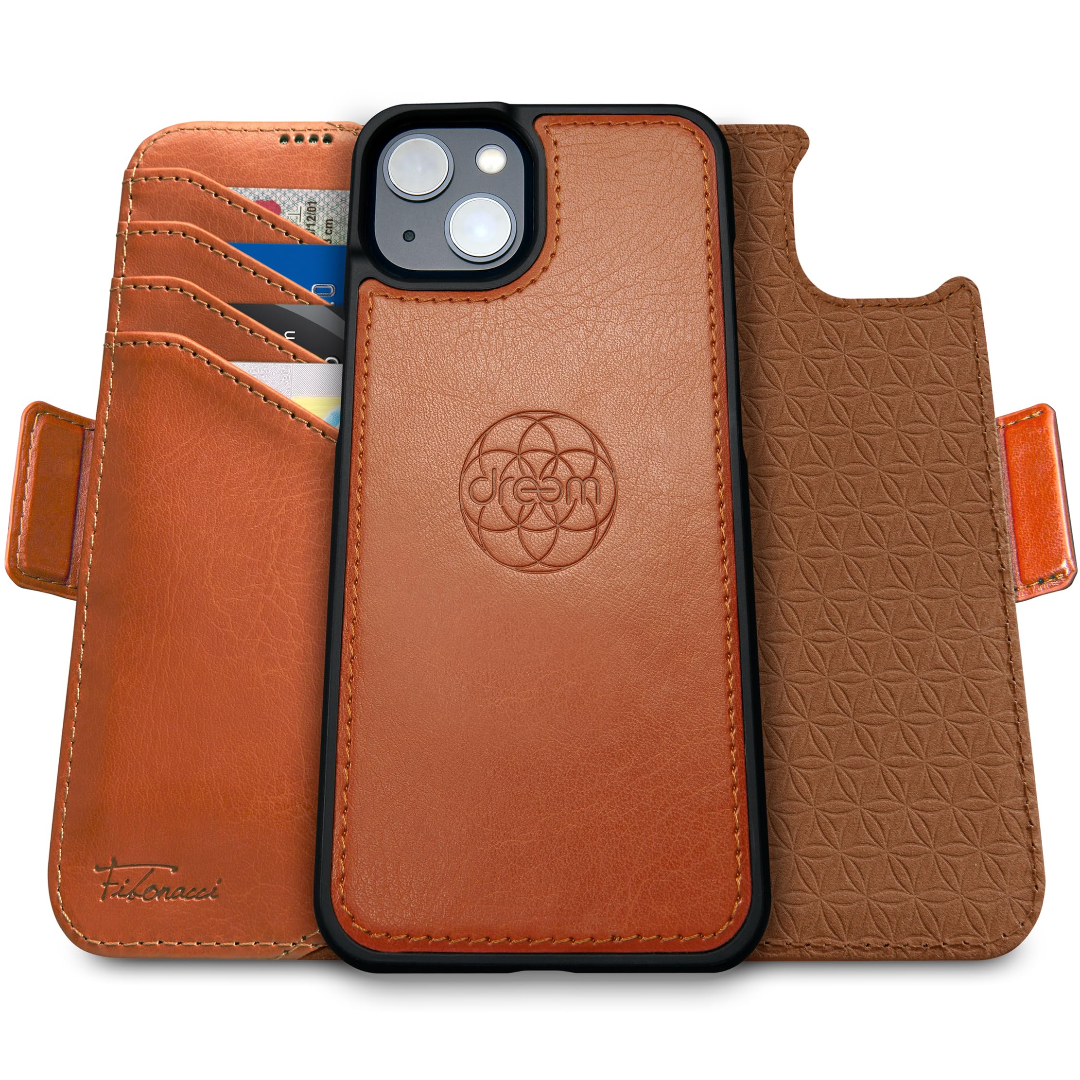 dreem Wallet Case for iPhone 15 Plus, Revolutionary Vert/Hor Phone Stand, Magnetic Detachable Vegan Leather Flip Cover RFID Blocking Card Holder, MagSafe-Fit, Gift Box [Fibonacci: Caramel] — image 1