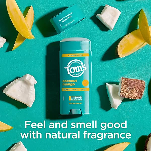 TOM’S OF MAINE COCONUT MANGO ALUMINUM FREE NATURAL DEODORANT FOR WOMEN & MEN | GOES ON CLEAR | ODOR & WETNESS PROTECTION | NATURALLY DERIVED AND MOISTURE-LOCKING INGREDIENTS | 3.25 OZ