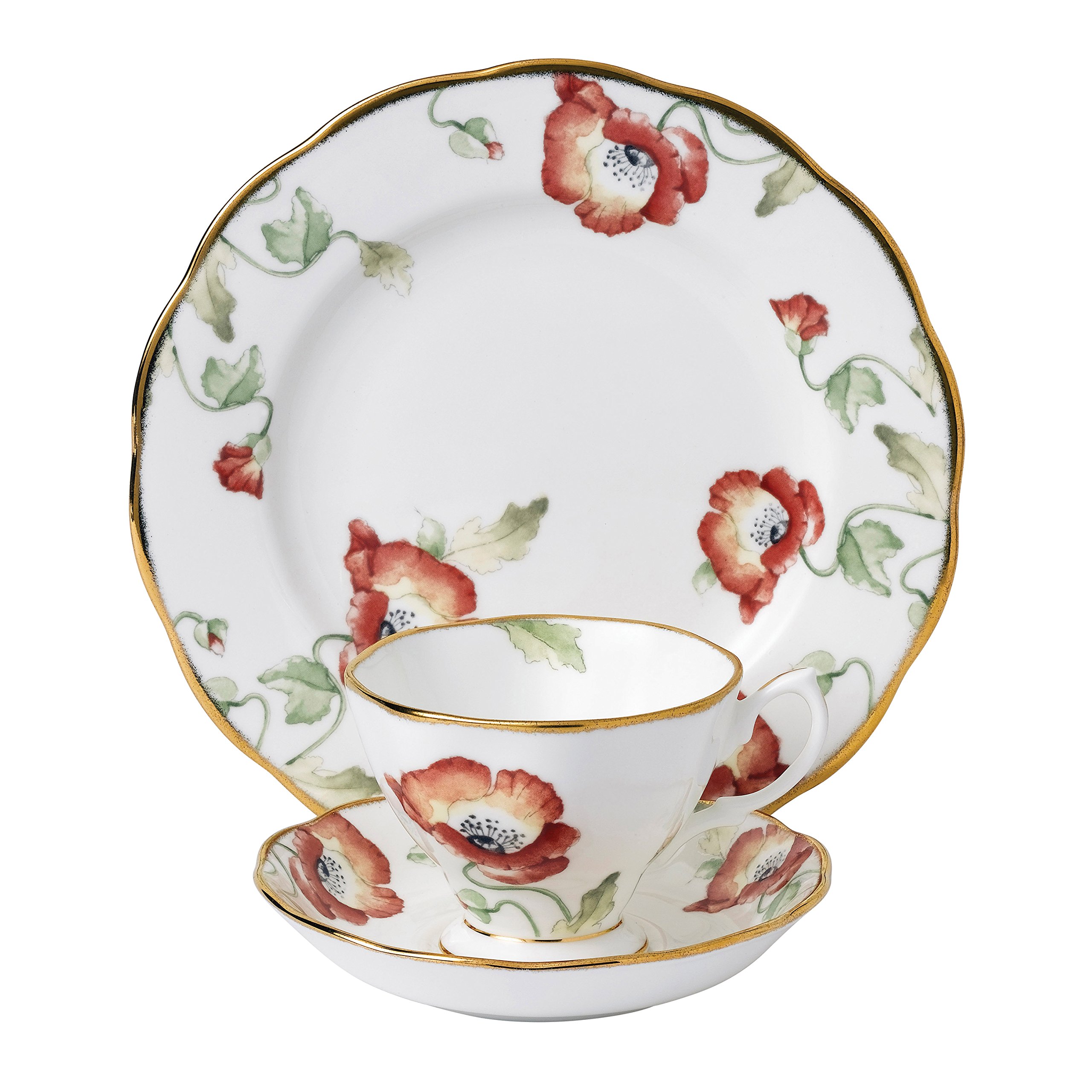Royal Albert 112 100 Years 40017570 1970 Poppy Teacup, Saucer, 20cm Plate, 3 Pc Set, Bone China