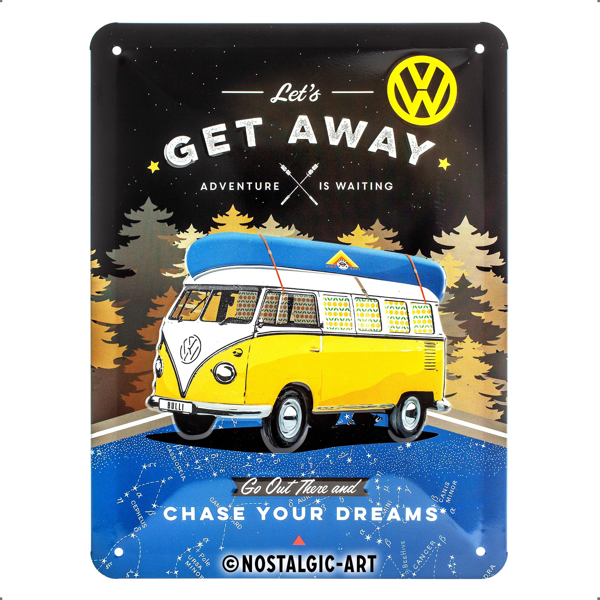 Nostalgic-Art Retro Tin Sign – Volkswagen Bulli T1 – Let's Get Away Night – VW Bus gift idea, Metal Plaque, Vintage design for decoration, 15 x 20 cm