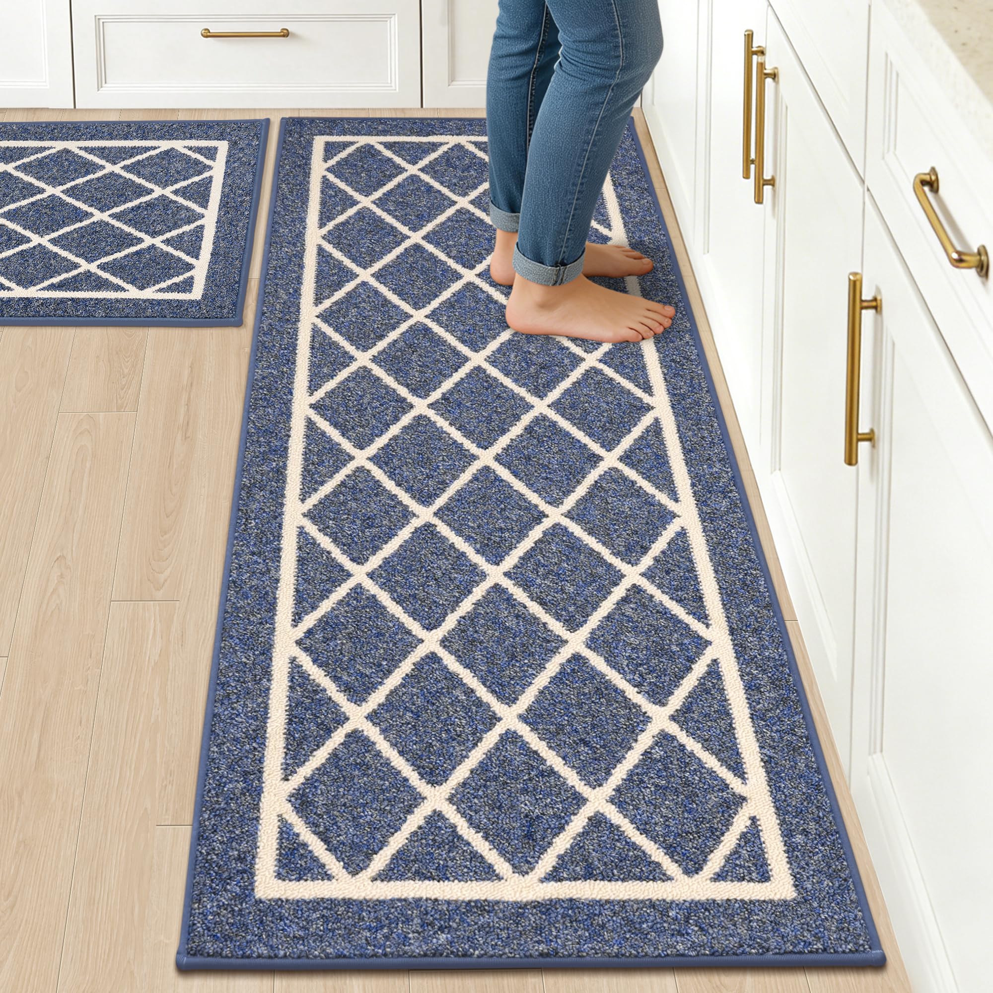 BEQHAUSE-Kitchen-Rugs-Non-Slip-Kitchen-Mats-for-Floor Machine Washable Kitchen Rugs 2 Pieces Navy Blue Kitchen Runner Carpet with TPR Backing, Rolled Packaging, 50X76cm+50X122cm