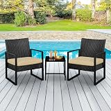 Yaheetech 3-Piece Rattan Garden Set 2 Chairs Table Black Khaki Cushions view 4