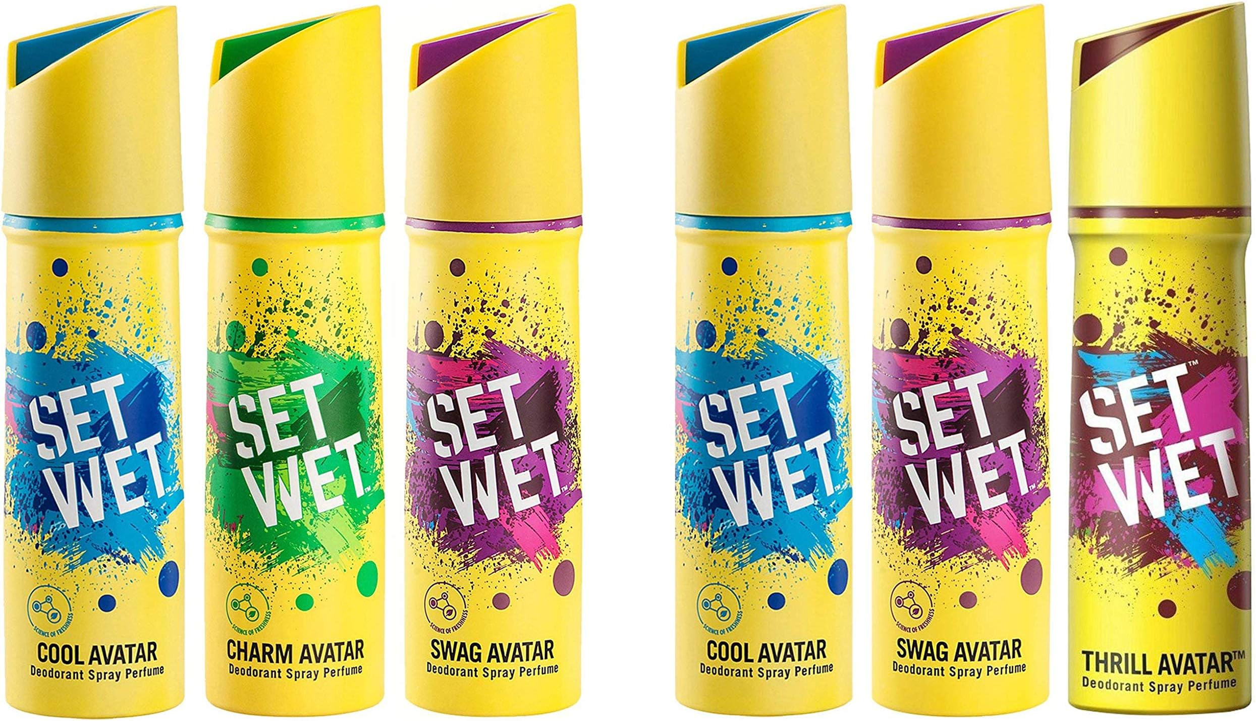 Set Wet Deodorant Spray Perfume, 150ml (Cool, Charm and Swag Avatar Pack of 3) & Deodorant Spray Perfume, 150ml (Cool, Swag and Thrill Avatar, Pack of 3) Combo