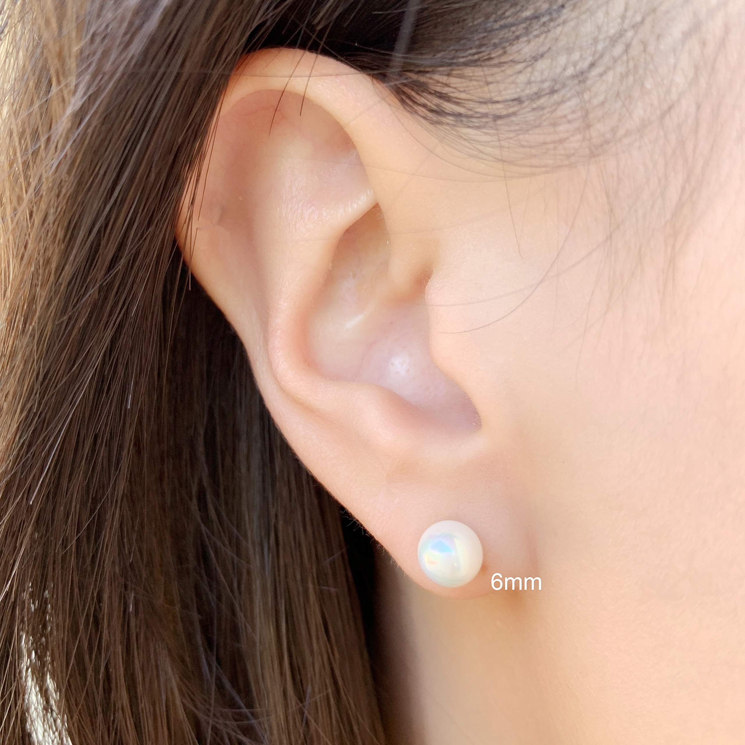 White Smooth Round Shell Base Imitation Pearl Rhodium Plated 925 Sterling Silver Stud Earrings, 6mm