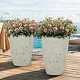 Autodaya 19.5" Resin Tall Planters for Outdoor Plants, Set of 2 Country White Large Flower Pots with Handmade Birch Bark Texture, Heavy-Duty and Weather-Resistant for Year Round Indoor Outdoor use