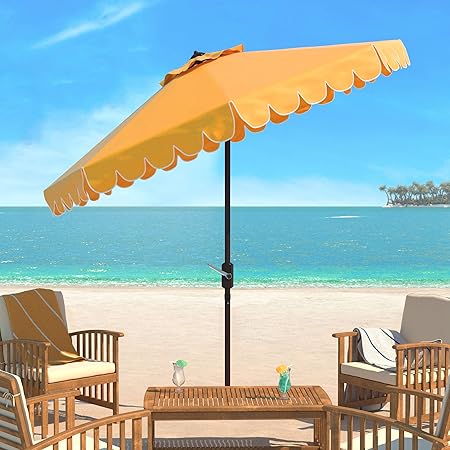 Amazon Com Safavieh Pat8010d Collection Venice Yellow And White Single Scallop 9ft Crank Outdoor Push Button Tilt Umbrella 9 Foot Garden Outdoor