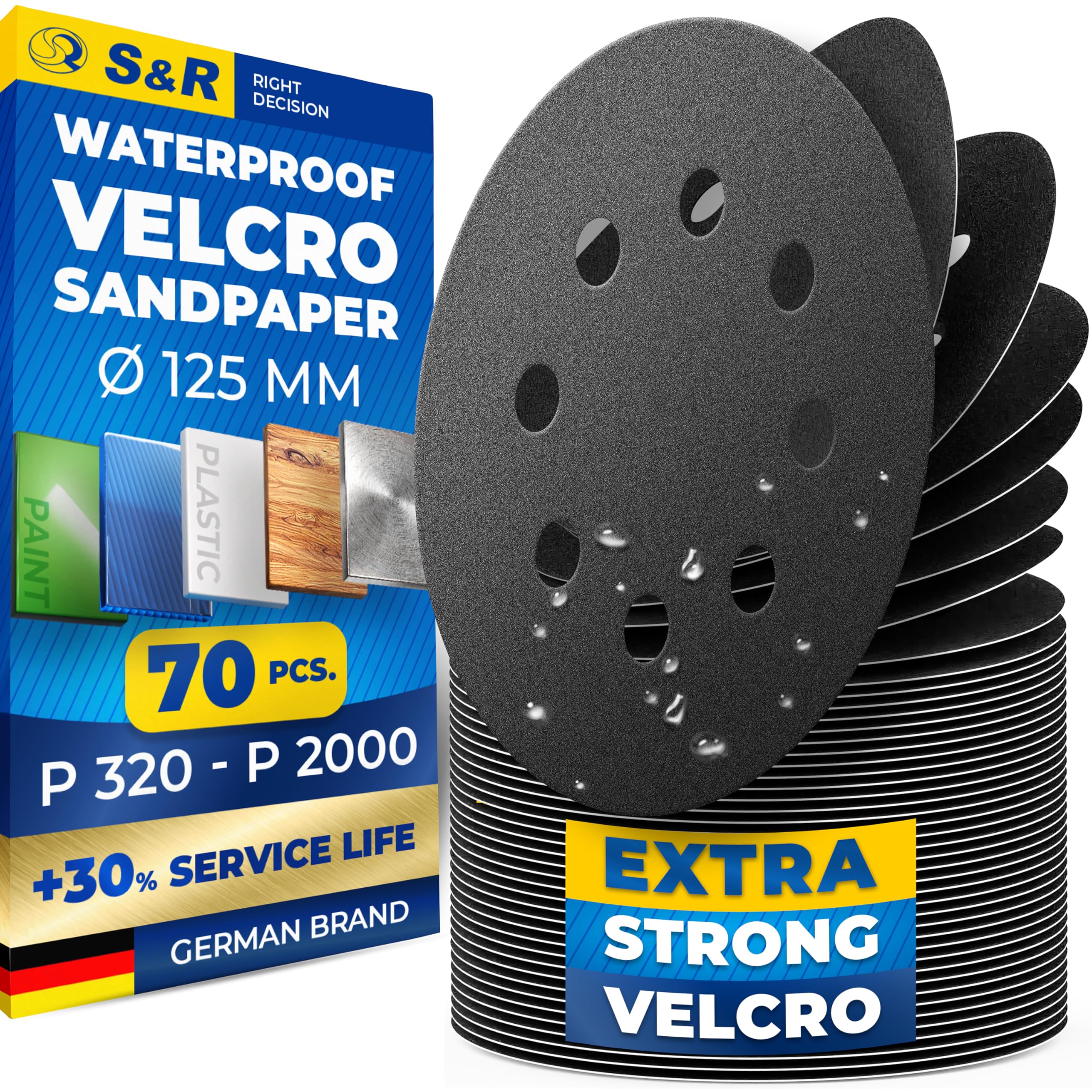 S&R Waterproof Sanding Discs 125 mm – 70-Piece Set with Hook-and-Loop Backing | Grits P320 to P2000 | For Wood, Metal, Paint & Finishing Work | Ø125mm for Orbital Sanders