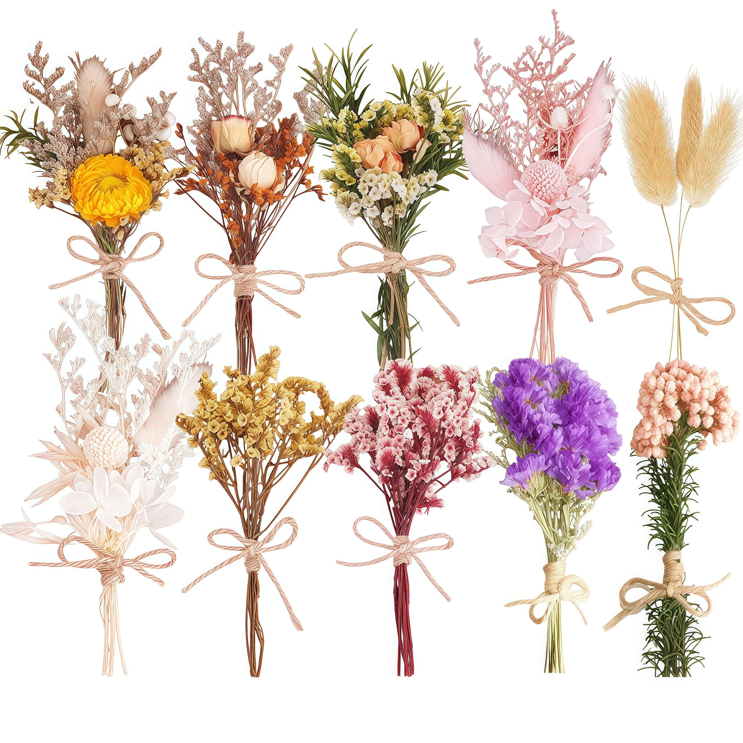 Photo 1 of 10 Pcs Mini Dried Flowers Bouquets Mixed Dried Flowers Bundles with Stem Natural Artificial Dry Flower Bouquet Dried Fake Floral Arrangement for Vase DIY Crafts Wedding Boutonniere Baby Shower Decor