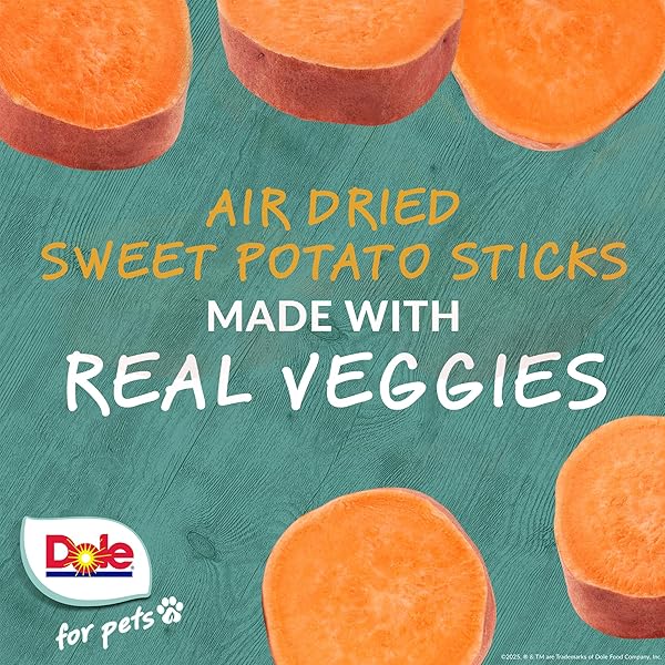DOLE FOR PETS AIR DRIED SWEET POTATO DOG TREATS, SINGLE INGREDIENT DOG TREATS MADE WITH REAL SWEET POTATO, NO WHEAT, CORN, SOY, ARTIFICIAL FLAVORS, COLORS, OR PRESERVATIVES, 6 OZ