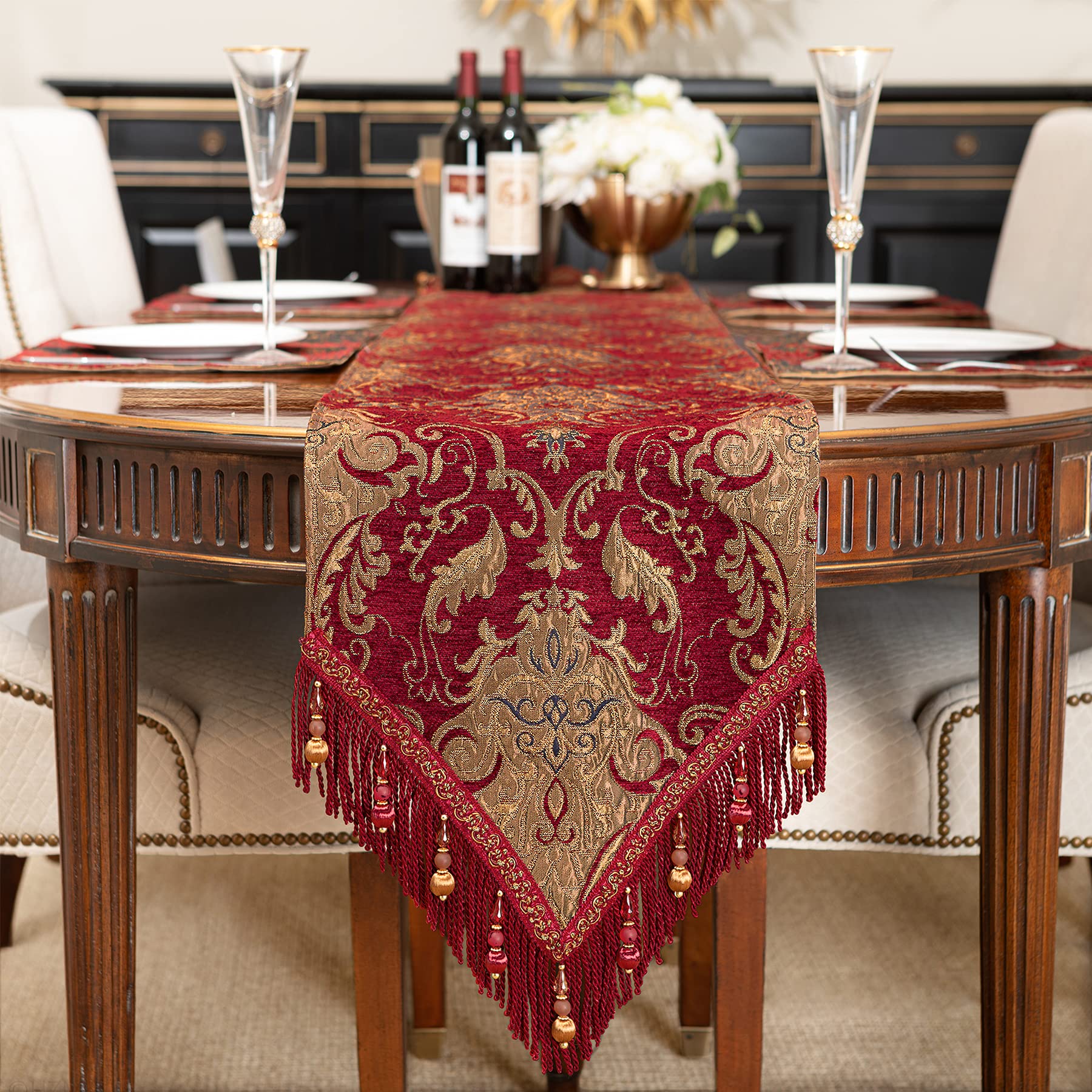 TOPLUXE Table Runner with Tassels, Damask Table Runner for Dining Room/Restaurant/Banquet/Christmas Decoration (33x228cm, Burgundy)