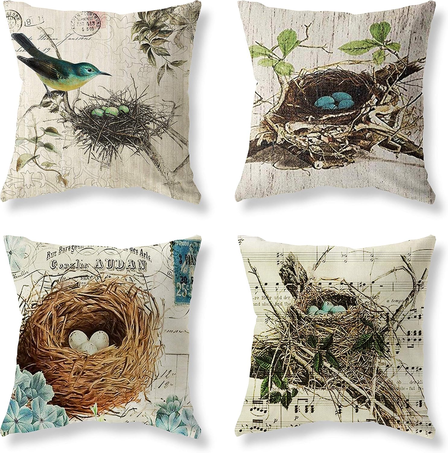 Throw Pillow Covers Adorable Animals Bird Flower Blue Butterfly Throw Pillow Case Couch Outdoor Bench Decorative Pillows Cotton Linen Gray Throw Pillows Cases 18"x18" Pack of 4