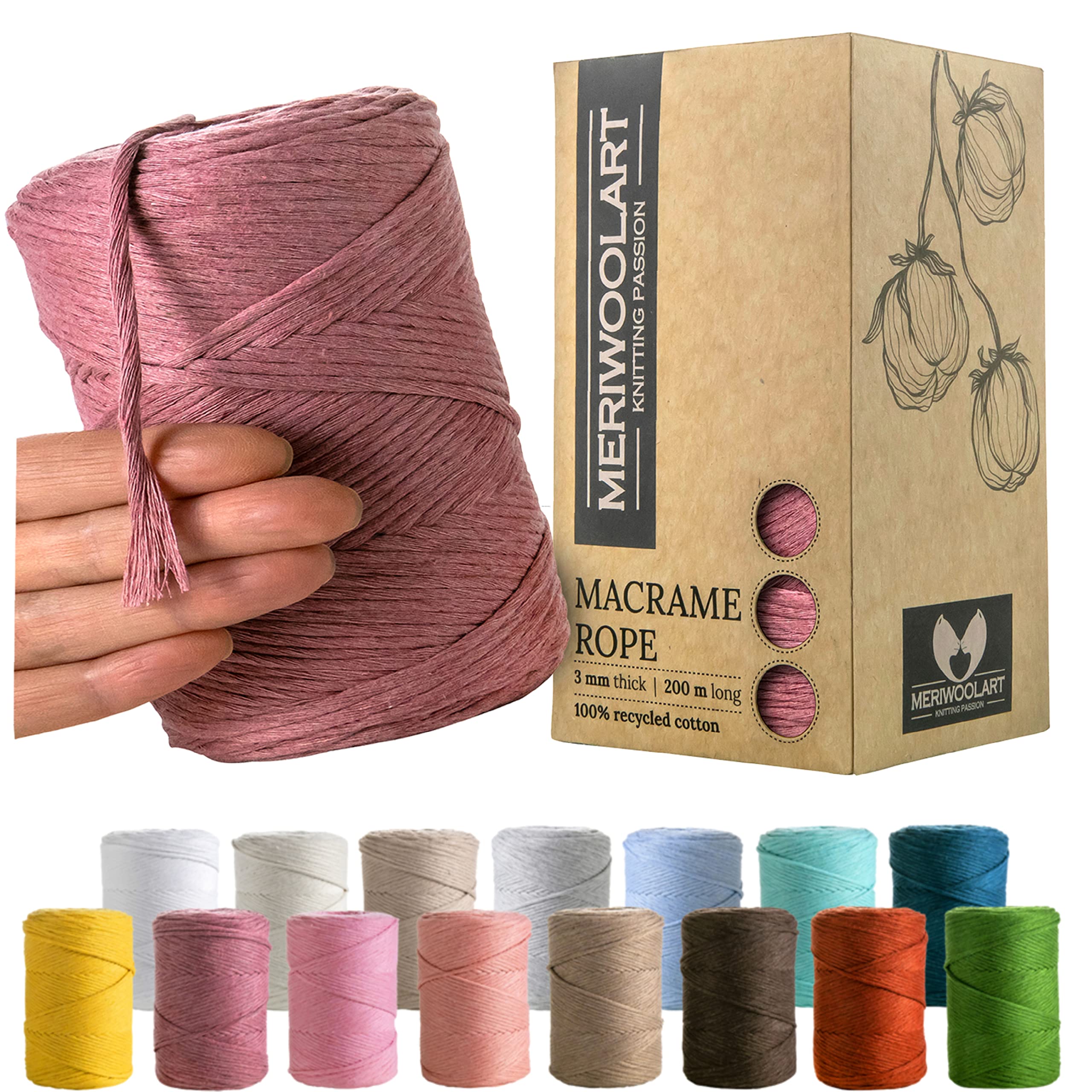 MeriWoolArt Macrame Cord 3mm Violet - Macrame Rope 200m - Super Soft, Single Twist Macrame String - Oeko-Tex 100% Recycled Cotton Macrame Cord Coloured- For DIY Macrame Crafts, Boho Home Décor