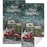Kwlegh Christmas Red Truck with Xmas Trees Hand Towels 14.4x28.3 Merry Christmas Towels Set of 2 Red Truck Kitchen Towels Absorbent Quick Dry Face Fingertip Towels for Bathroom Kitchen Hotel