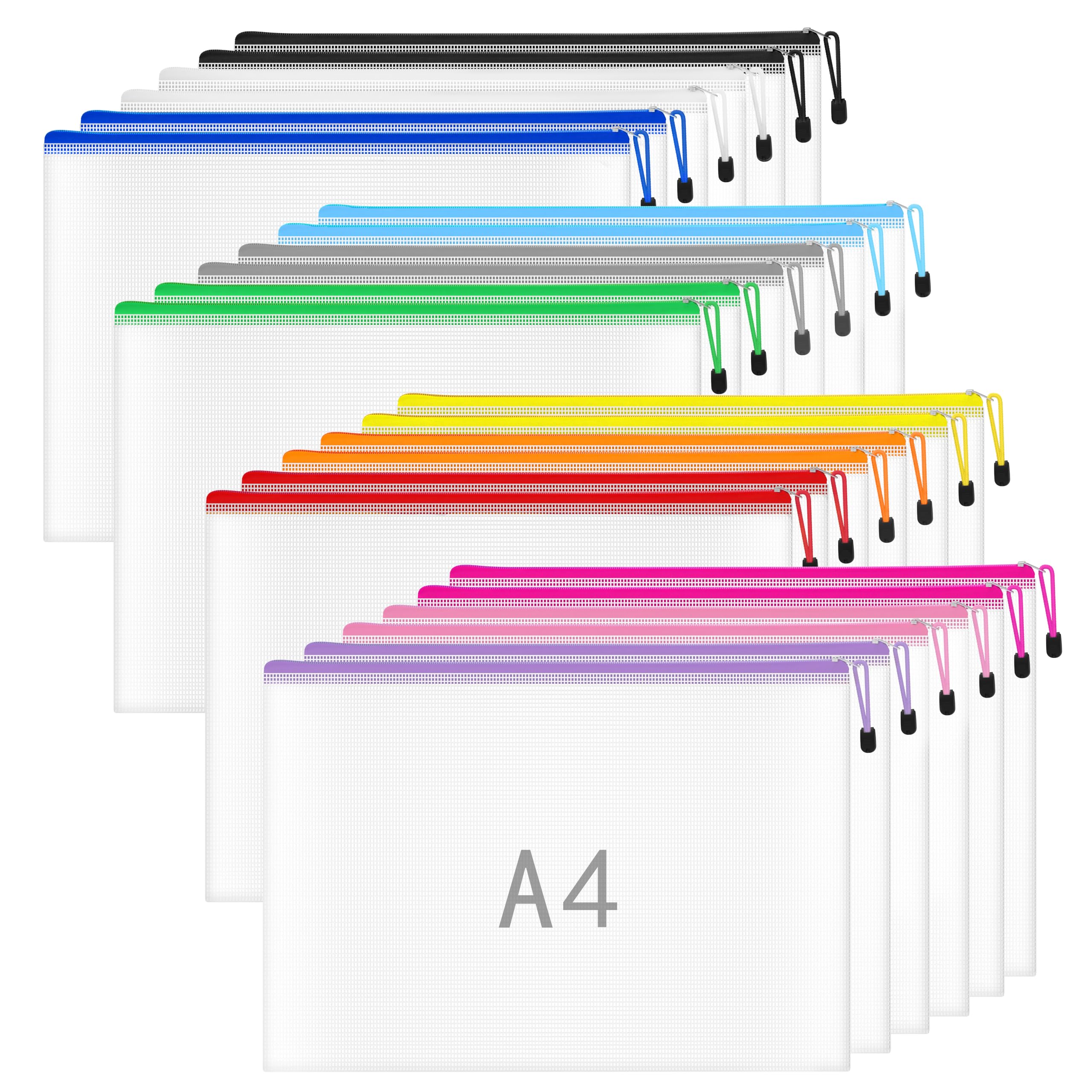 24PCS Plastic Wallets Folders A4 Zip Wallet - Plastic Wallet A4 Zip Lock Bags Document Folder Extra Thick Mesh Zipper Bag for Office School Home Travel Storage