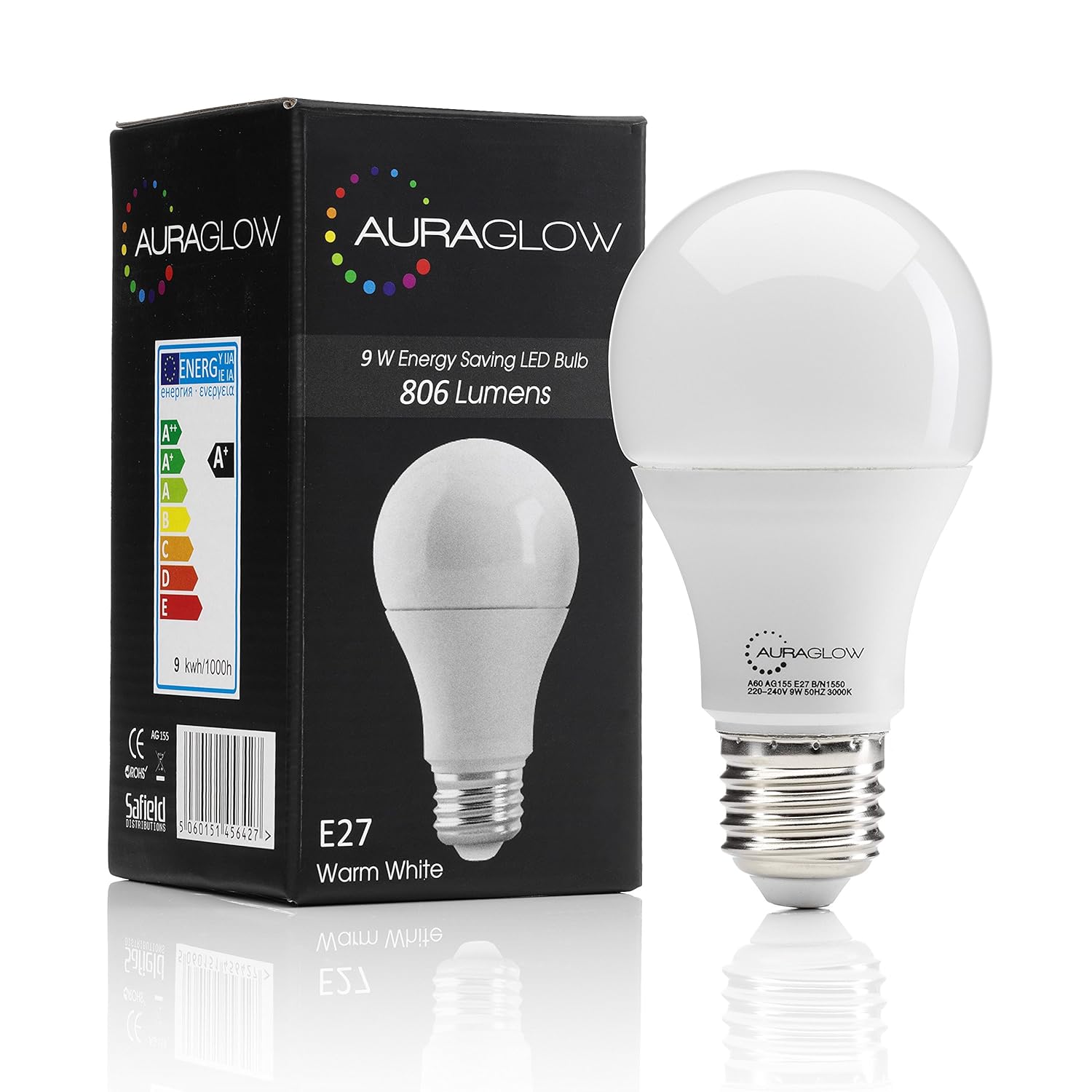 AURAGLOW 9w LED E27 Screw Light Bulb, Warm White, 806 lumen, 60w