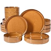 Bloomhouse - Two Time Oprah's Favorite Things Winner - Santorini Mist Double Bowl Terracotta Reactive Glaze Plates and Bowls Dinnerware Set - Amber, Service for Four (16pcs)