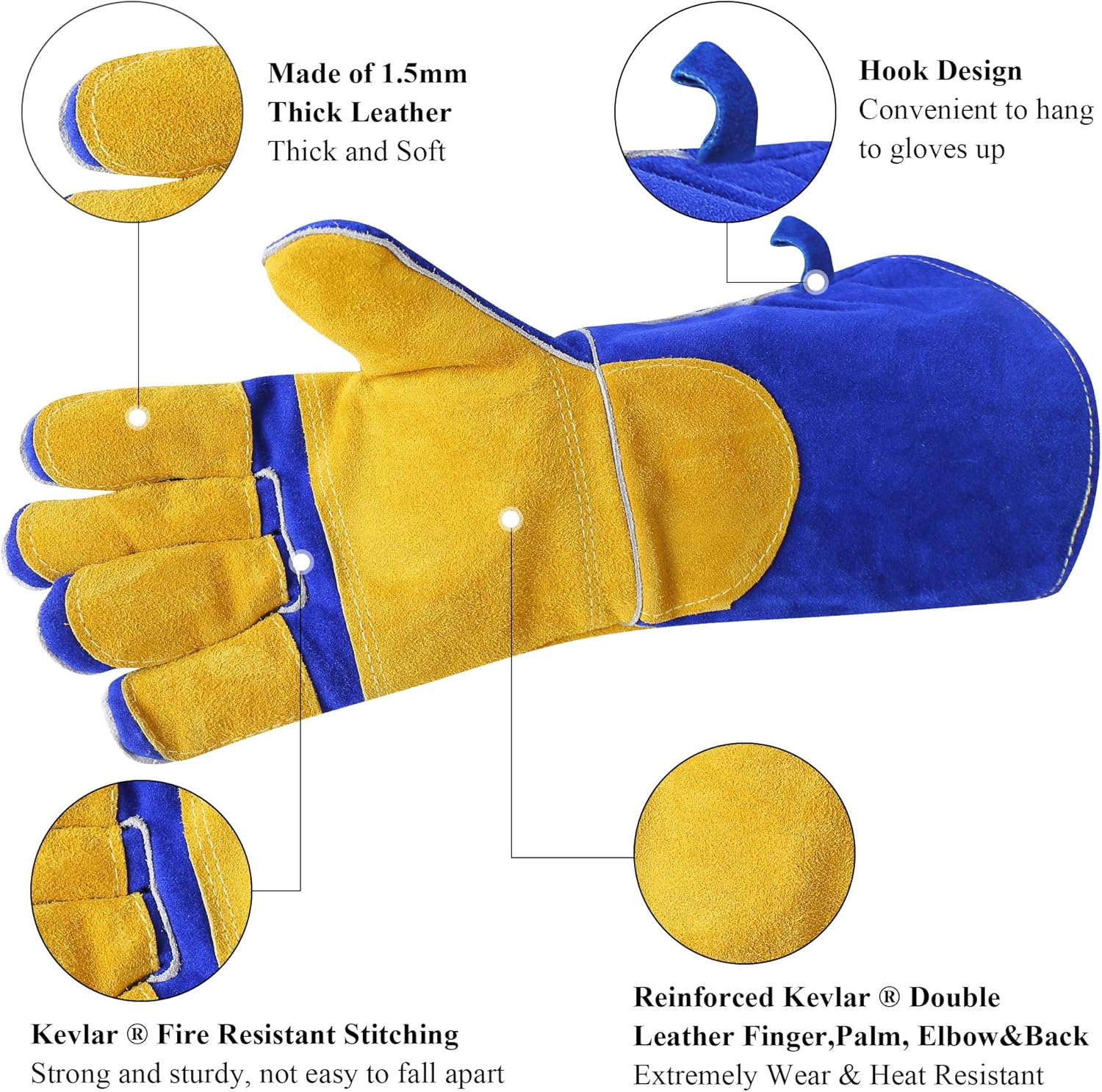 RAPICCA 16 Inches, 932℉, Leather Forge/Mig/Stick Welding Gloves Heat/Fire Resistant, Mitts for Oven/Grill/Fireplace/Furnace/Stove/Pot Holder/Tig Welder/Mig/BBQ/Animal handling glove with 16 inches Extra Long Sleeve– Blue - - 