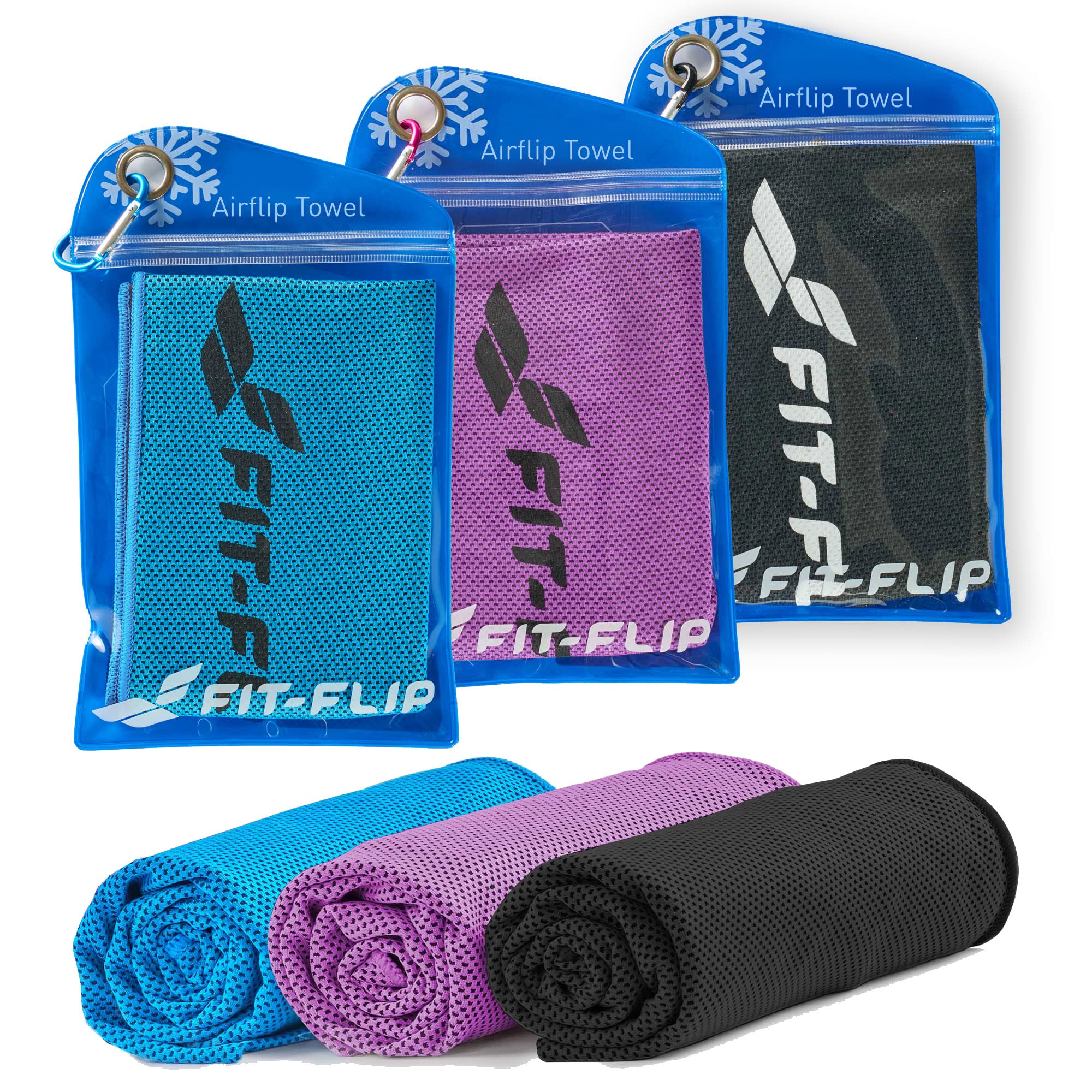 Fit-Flip Set of Cooling towels - Airflip - cool touch microfibre ice towel as wet neck scarf - cold cloth for sport, yoga and fitness (black/blue/purple, 100x30cm)