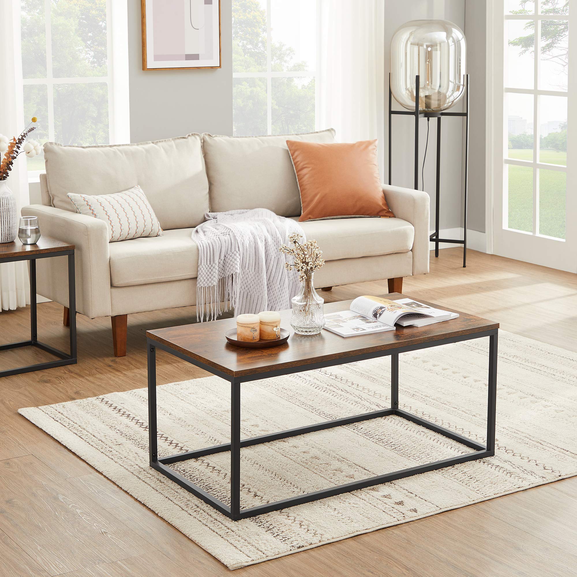 VASAGLE Coffee Table with Thickened Board, 39.4 Inch, Open Rectangle Living Room Table, Steel Frame and Wood Panel, Easy to Assemble, for Living Room, Industrial, Rustic Brown and Black ULCT052B01