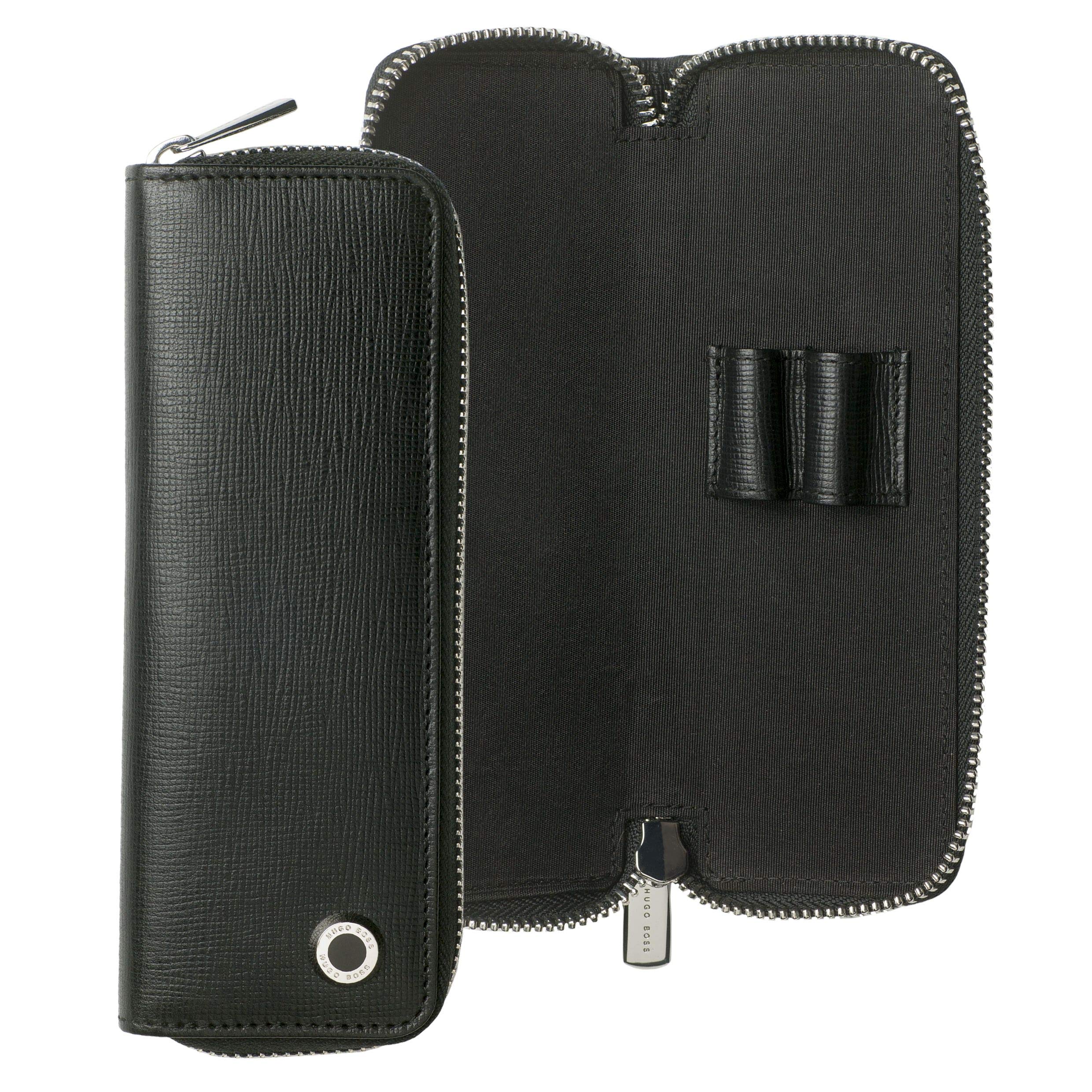 HUGO BOSS: Pen Pouch Tradition Black. Small Black Pencil case with notches to Insert 2 pens, with Zip and Metal Details.