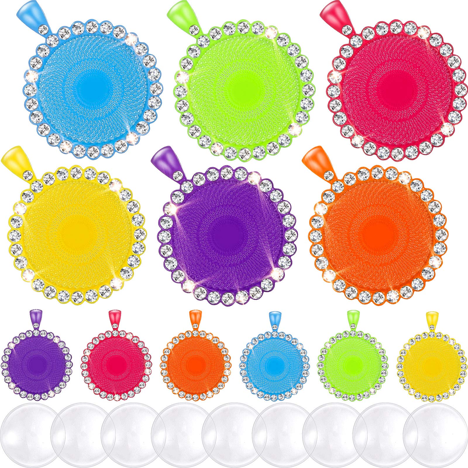 24 Pieces Rhinestone Bezel Pendant Trays Set, Including 12 Pieces Round Shaped Pendant Trays Colorful Blank Pendant Charms with 12 Pieces Clear Round Cabochons for DIY Jewelry Crafts (Assorted Color)
