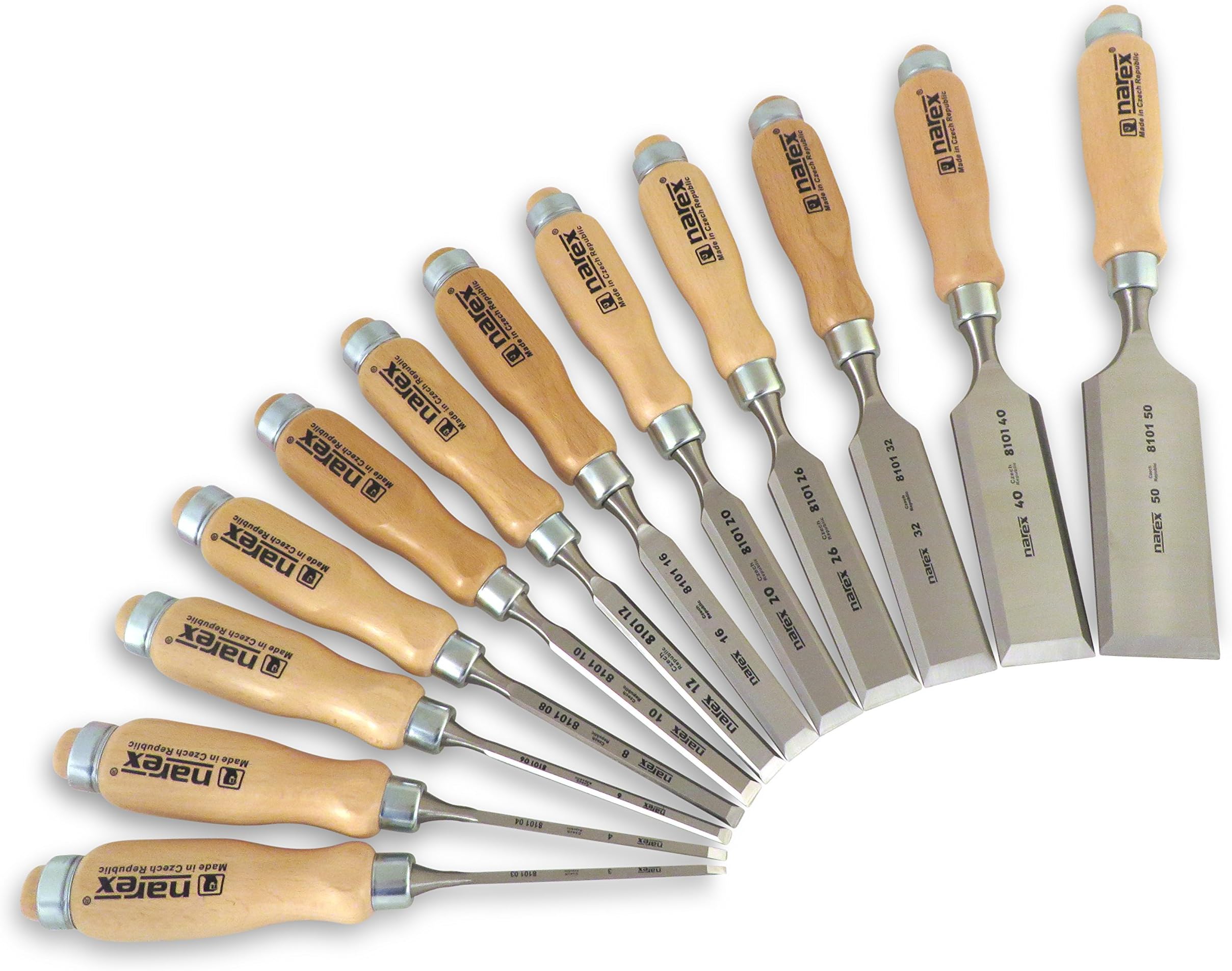 Narex 12 Piece Chisel Set Containing 3 mm (1/8) 4 mm (3/16), 6 mm (1/4), 8 mm (5/16), 10 mm (3/8) 12 mm (1/2), 16 mm (5/8), 20 mm (11/16) , 26 mm (1 1/16), 32 mm (1 1/4), 40 mm (1 5/8) and 50 mm (2) 810103-50 by Narex