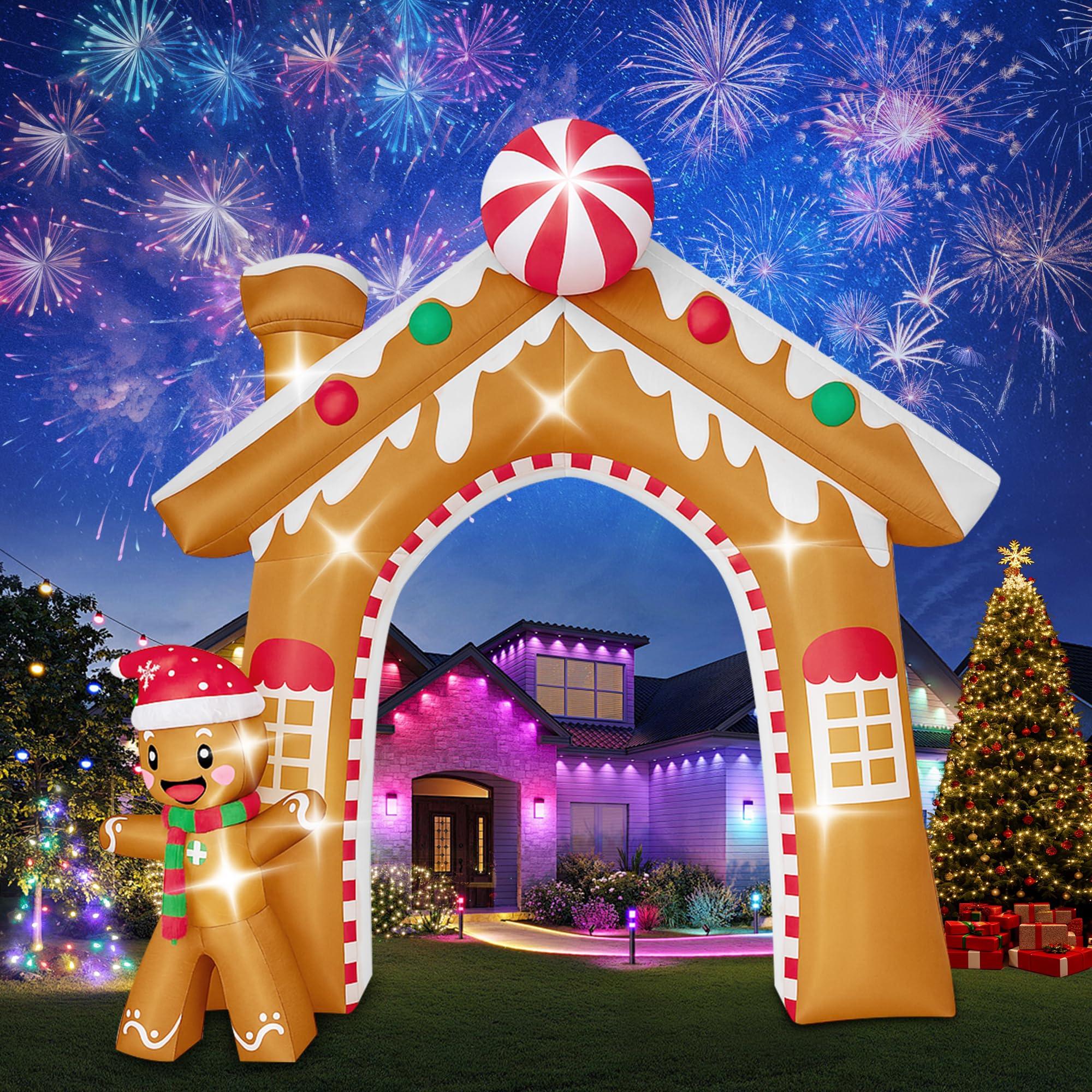 Photo 1 of 10FT Christmas Inflatable Archway Outdoor Decorations, Giant Blow Up Gingerbread House and Man Arch Yard Decoration, Xmas Decor Build-in LED Lights for Garden Lawn Yard Porch Holiday Party