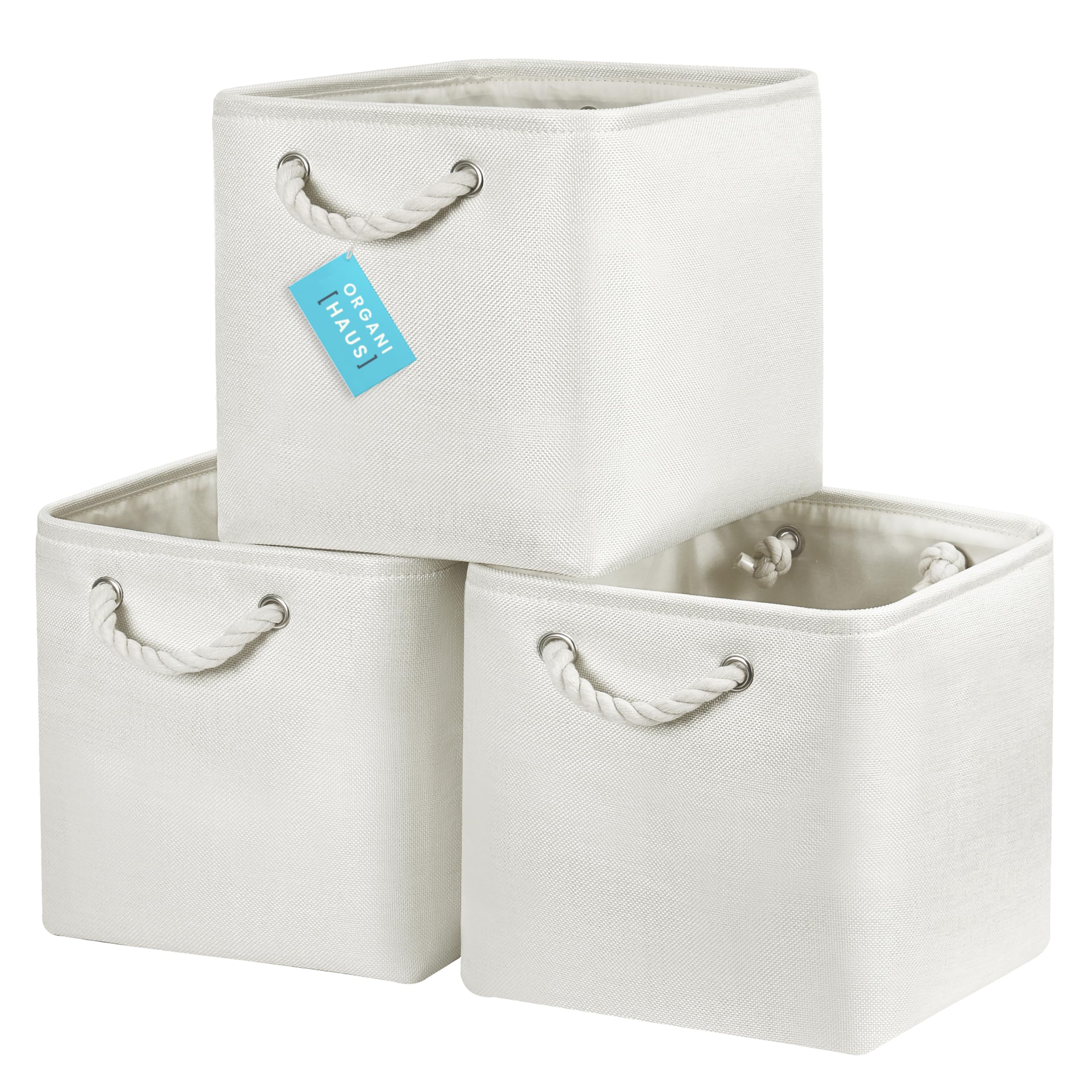 OrganiHaus Fabric Storage Boxes, Set of 3 Foldable 28x28 Cube Organiser Bins with Rope Handles for Shelves, Nursery & Closet, Collapsible Storage Baskets for Toys, Clothes & More - Off-White