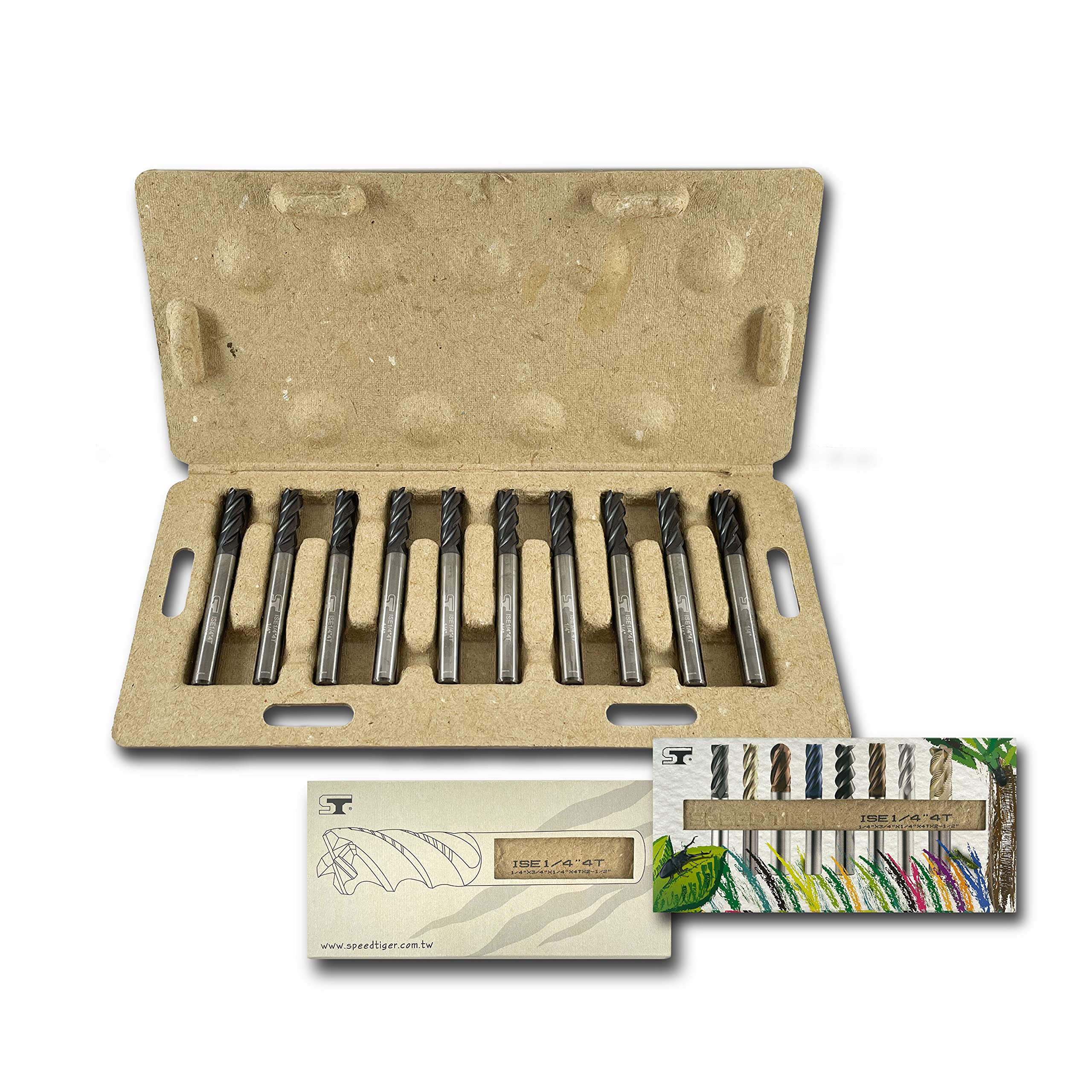 SPEED TIGER ISE -1/4” 4 Flute Carbide Square End Mill –100% Recyclable Packing Box– Made in Taiwan–for Alloy Steels/Hardened Steels (10 Pieces, 1/4")