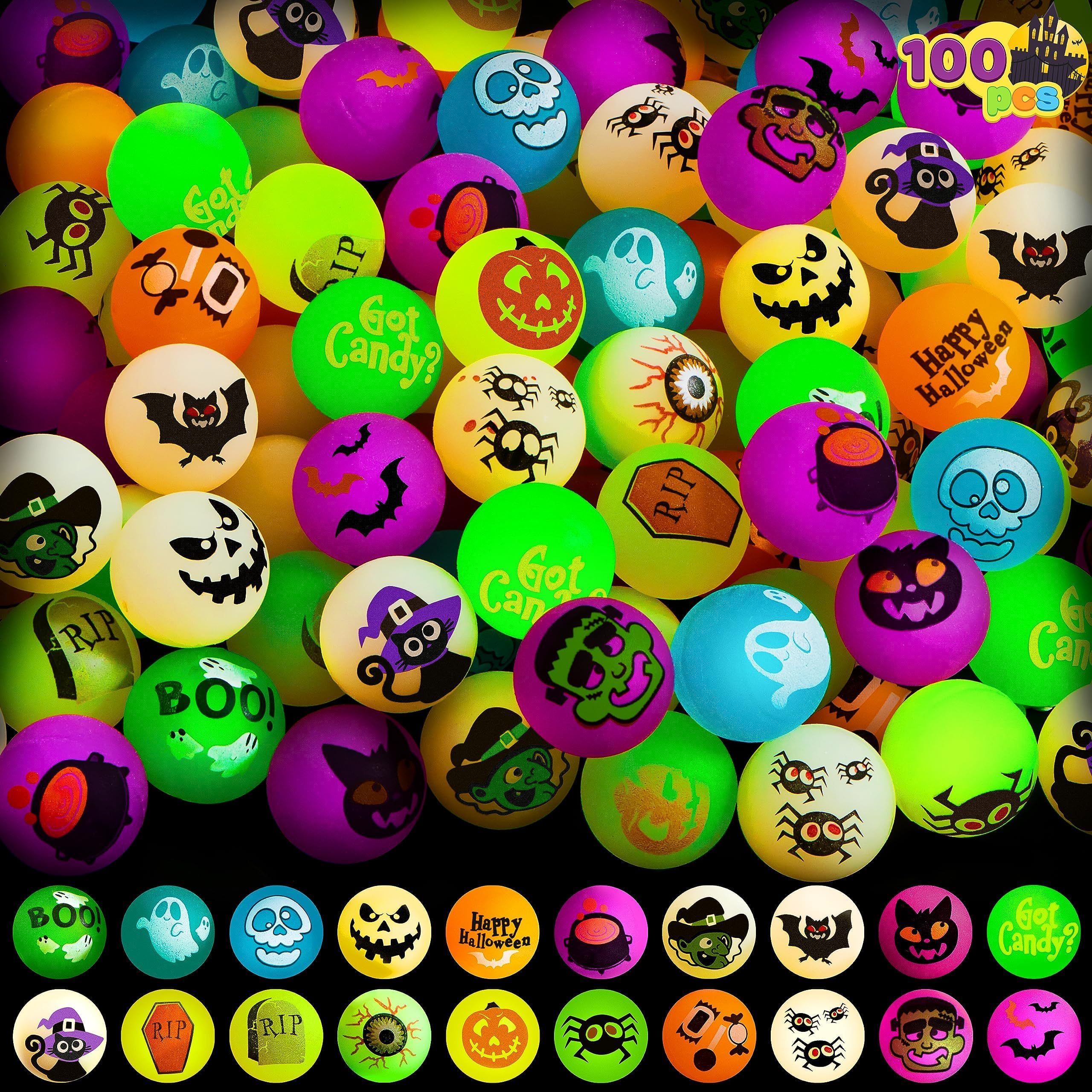 Photo 1 of JOYIN 100 PCS Halloween Glow in The Dark Bouncing Balls, 20 Designs Halloween Theme Glowing Bouncy Balls for Halloween Party Supplies, Party Favors, Trick or Treating Goodies