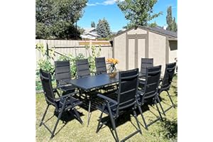 PURPLE LEAF 9 Pieces Outdoor Patio Dining Set with 8 Folding Portable Chairs and 1 Rectangle Aluminum Table, Foldable Adjustable High Back Reclining Chairs with Soft Cotton-Padded Seat, Black