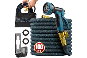 100ft Garden Hose with 10 Function Spray Nozzle, Expandable Garden Hose, 3/4" Easy Removal Solid Brass Connector, Flexible Wa