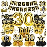 Turypaty 36Pcs 30th Birthday Decorations Kit for Men Women, Black Gold Happy 30 Birthday Banner Balloon Honeycomb Centerpiece Hanging Swirl Party Supplies, Thirty Year Old Bday Ceiling Table Topper