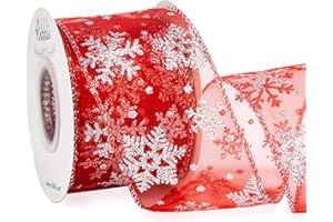 Ribbli Snowflake Glitter Wired Ribbon, Red Organza Sheer with Silver Glitter Snowflake Pattern and Iridescent Metallic Edge,2-1/2 Inch x 10Yards Christmas Ribbon for Tree Decoration