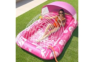 Inflatable Tanning Pool Lounger Float with Sprinkler, 77" x 48" Pool Floats Adult with Pillow, 6 in 1 Suntan Tub Raft Floatie