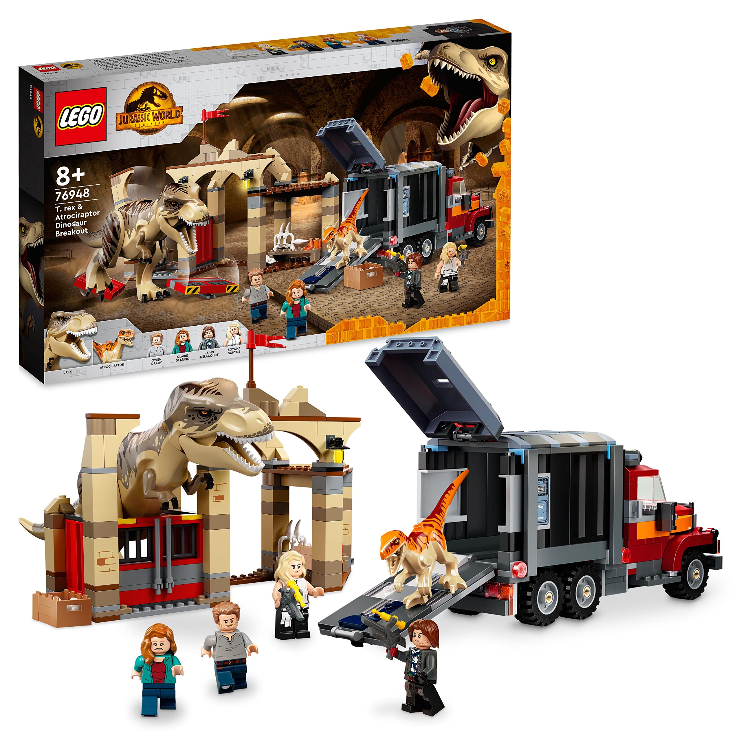 LEGO Jurassic World T. rex & Atrociraptor Dinosaur Breakout 76948 Building Kit; Fun Toy Playset for Kids Aged 8 and Up, Featuring 2 Dinosaurs, a Big Rig Truck, Market and 4 Minifigures (466 Pieces)