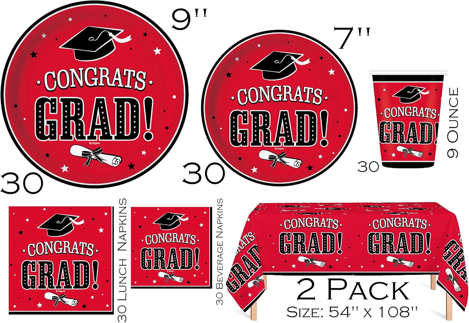 Serves 30 | Complete Party Pack | Congrats Grad Red Party Supplies | 9" Dinner Paper Plates | 7" Dessert Paper Plates | 9 oz Cups | 3 Ply Napkins Beverage and Lunch Napkins | 2 Table Cover | 20 Photo Props | 1 Banner | Graduation Party Supplies Red Graduation Party Theme: Toys & Games