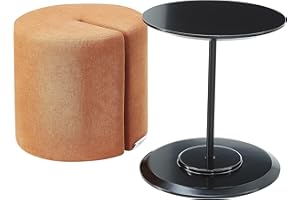 Mission Hills Furniture Accent Table and 18 in Round Nesting Ottoman, Modern Upholstered Fabric Chair, Small Wooden Side Table for Living Room, Bedroom, Home and Office, Orange (2-Piece Set)