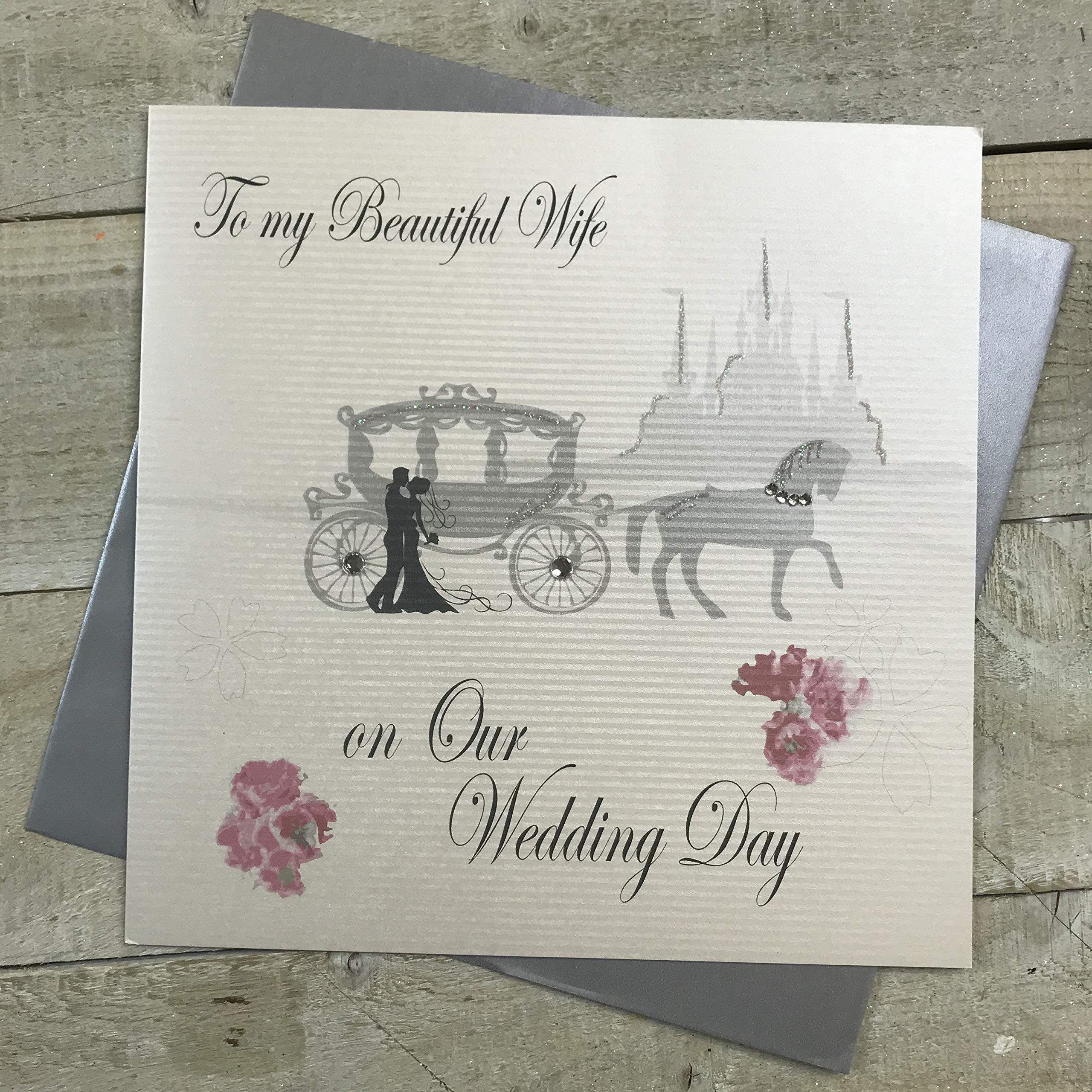 WHITE COTTON CARDS Large to My Beautiful Wife Day, Horse & Carriage Handmade Wedding Card, XPD205-W
