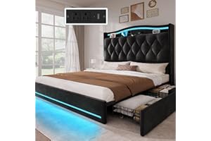 YITAHOME Queen Size Bed Frame with 4 Storage Drawers and RGB LED Lights, 57'' Tall Headboard Velvet Upholstered Bed with Charging Station, No Box Spring Needed, Easy Assembly, Noise-Free, Black