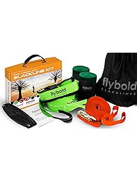 flybold Slackline Kit with Training Line Tree Protectors Ratchet Protectors Arm Trainer 57 feet Easy Set up Instruction Booklet and Carry Bag Complete Set Outdoor fun for Family Adults Children Kids
