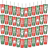 Kochorie 48 Pieces Christmas Plastic Cups Bulk 24oz Reusable Christmas Cups with Lids and Straws Thick Plastic Tumbler Cup for Xmas Gift Holiday Party Supplies, 6 Styles