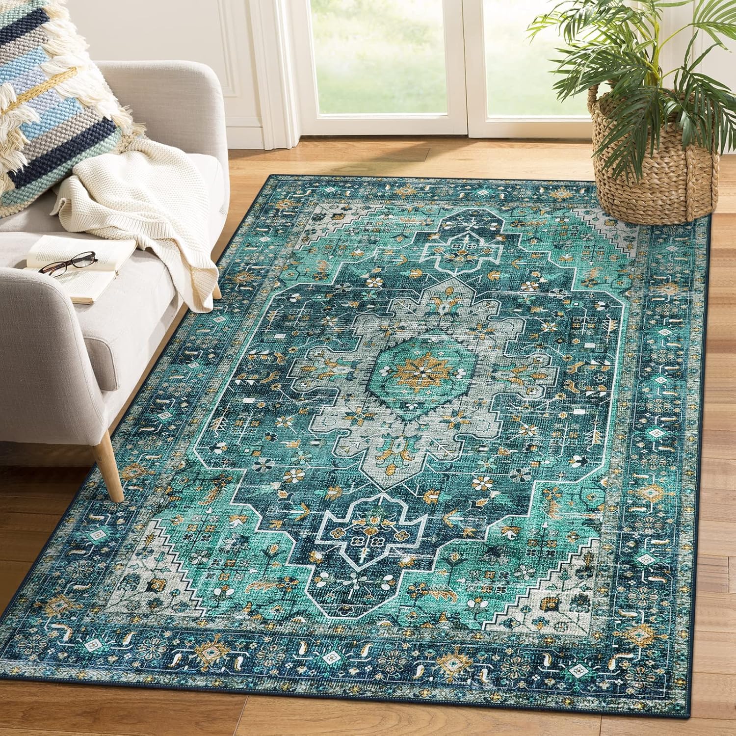 Rugs, Pads & Protectors - Moynesa Ultra-Thin Washable Area Rug - 4x6 Teal Living Room Rug Oriental Rugs for Bedroom, Non Slip Non Shedding Low Pile Entryway Carpet for Bedroom Dressing Room Office
