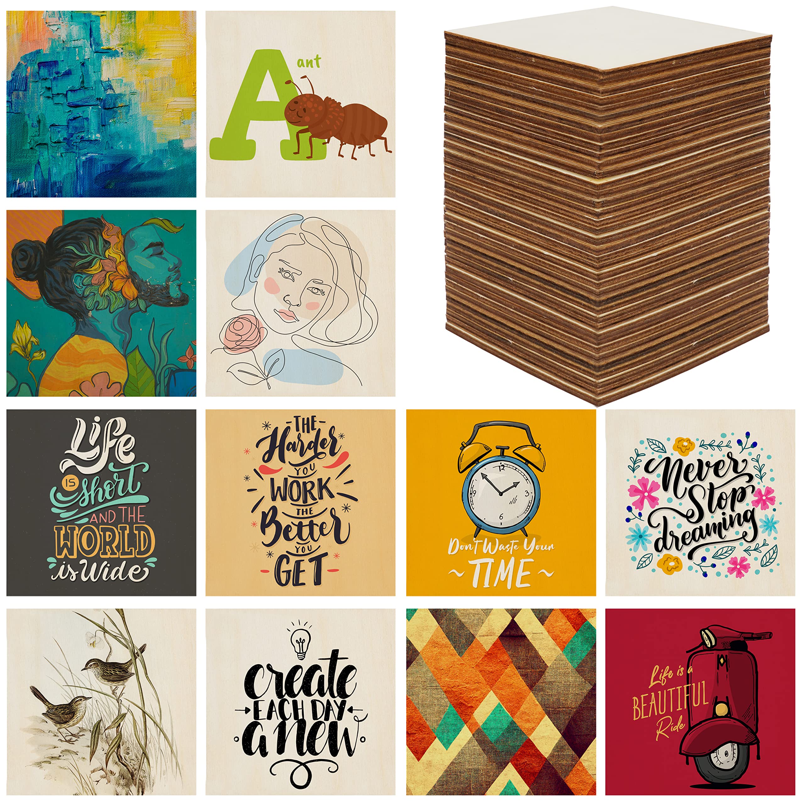Belle Vous 60 Pack Unfinished Blank Wood Squares - L7.5 x W7.5cm/3 x 3 Inches - Square Wooden Tile Pieces - Cutouts for Painting, Pyrography Burning, DIY Coasters, Art Decorations & Craft Projects