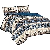 WPM WORLD PRODUCTS MART Western Beige/Navy Blue Cowboy Desert Southwestern Print Bedspread 3 Piece west Theme Cabin Lodge Ranch Design Coverlet Quilt Set-Kadence 22366 (Navy, Queen)