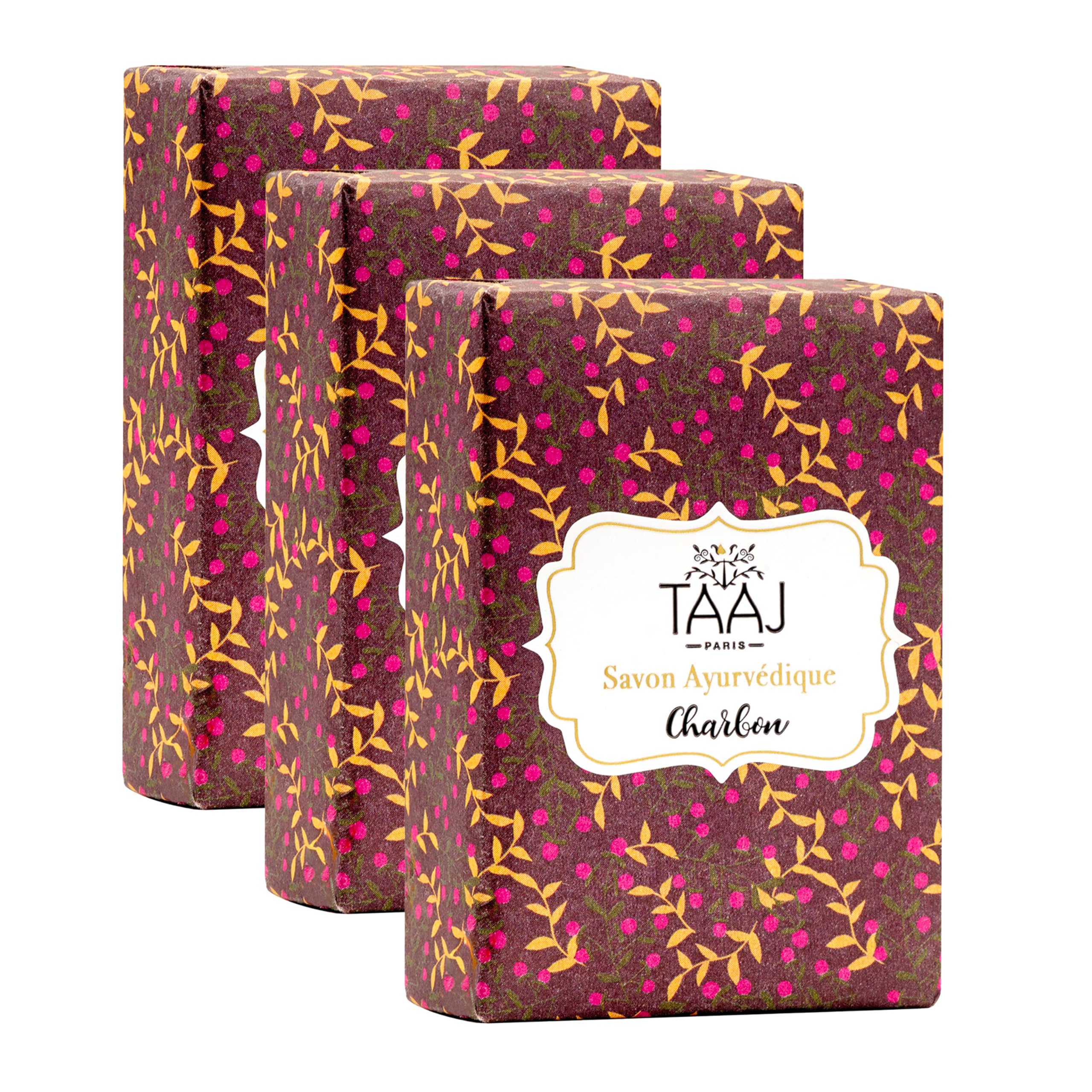 TAAJ | Ayurvedic Charcoal Soap | Cleanses the Skin of Toxins and Impurities | Maintains the Natural Balance of the Skin | Made in France | Vegan | Lot of 3x100GR
