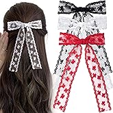 CustomyLife 3pcs Lace Hair Bow Clip, Coquette Bow Barrettes Black Red White Long Tail Ribbon Hair Bows for Women Christmas Valentines Wedding Prom Decorative Accessories